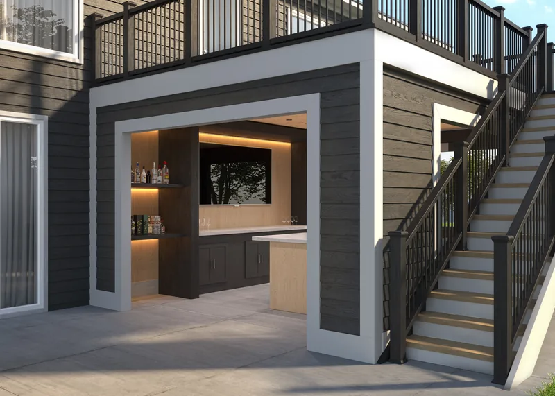 Outdoor kitchen and bar built under a residential deck, rendered in 3D