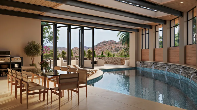 Enclosed pool with folding glass walls, dining area and mountain view, rendered in 3D