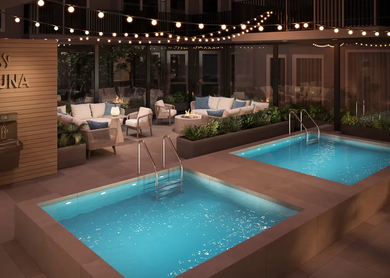 Rooftop pool and sauna deck at night with string lights, rendered in 3D
