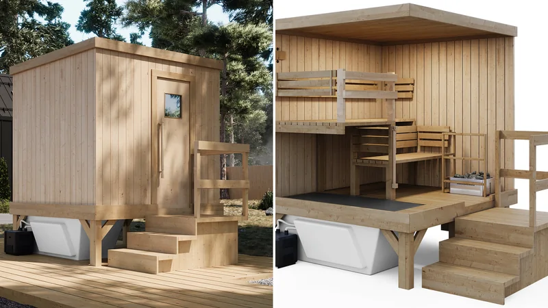Nordic Cycles sauna over a cold plunge: exterior render on a deck beside its cutaway view showing benches, stove and plunge tub