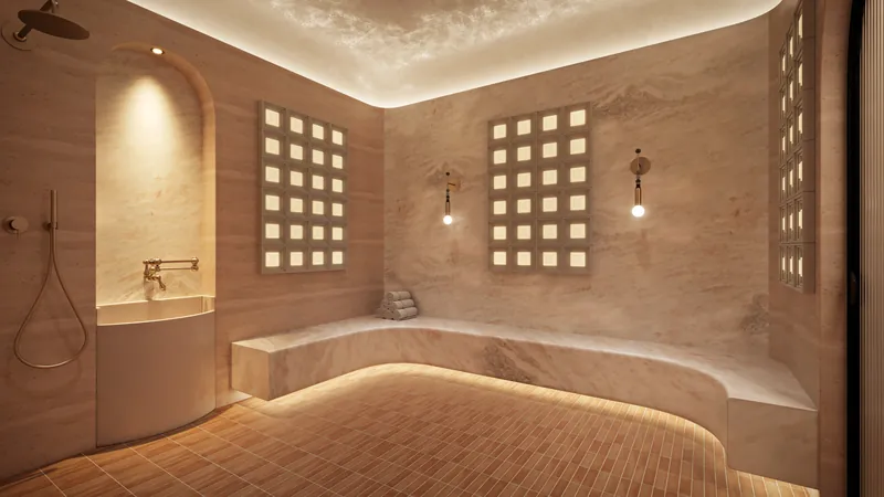Stone hammam with heated benches and perforated light walls