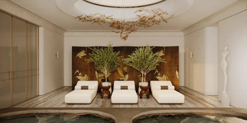 Relaxation lounge with daybeds, olive trees and reflecting pool