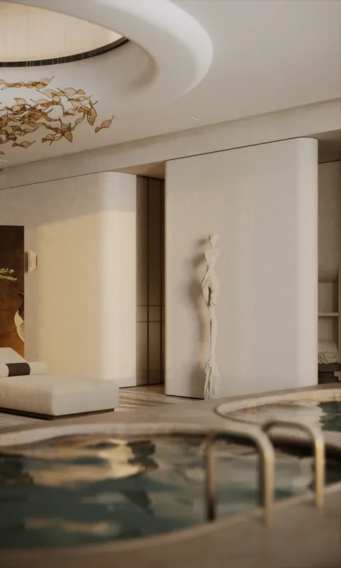 Plunge pool between plaster columns