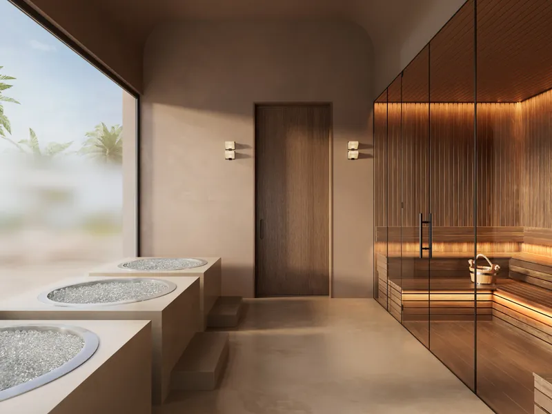 Spa corridor with glass-fronted sauna and foot baths