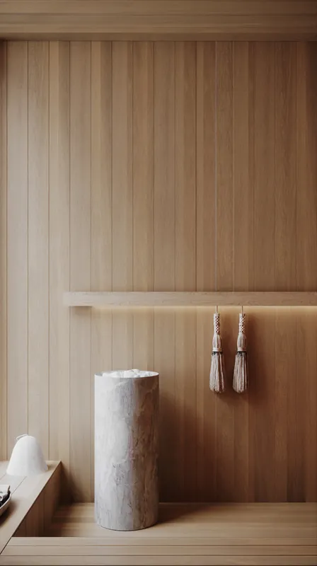 Sauna detail with stone stool and towels