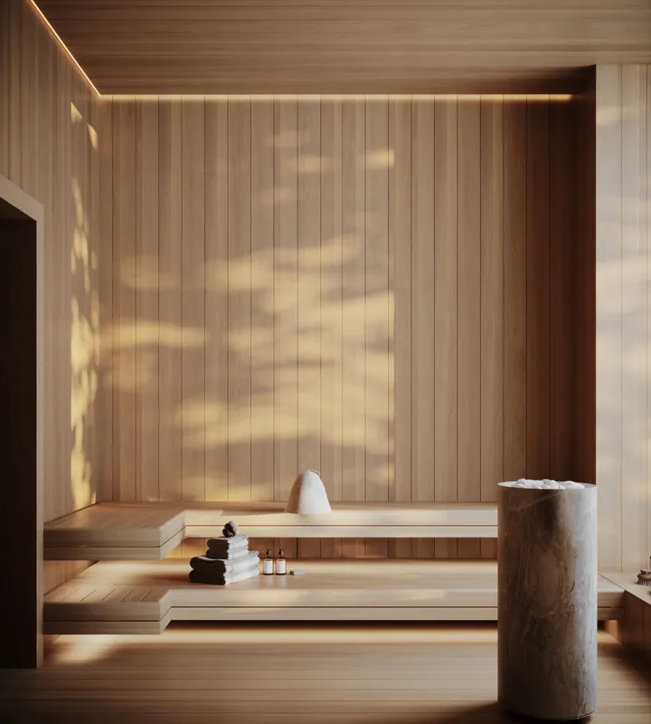 Sauna interior with dappled light on wood slats