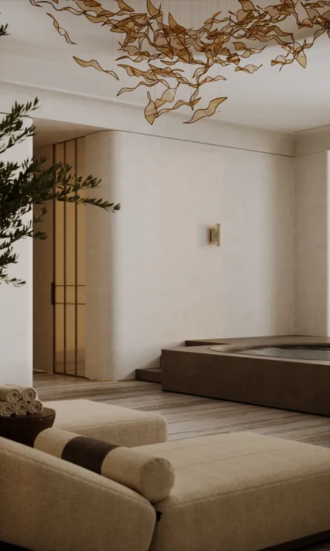 Spa hallway with a stone sculpture